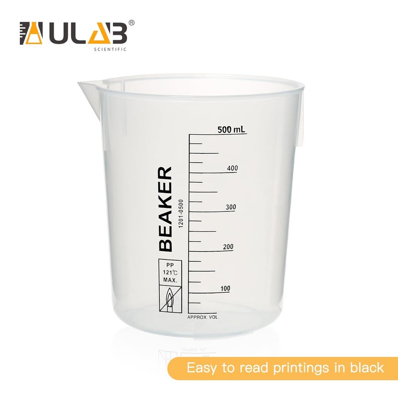 ULAB Scientific Stackable Graduated Plastic Beakers, 4pcs of Vol.500ml(16.9oz), with Easy-to-Read Printings in Black, UBP1025 - Image 4